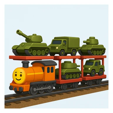 Create a realistic ordinary cargo train transporting military equipment such as tanks and trucks in a classic emoji style. This is variant 4 of the design. sticker