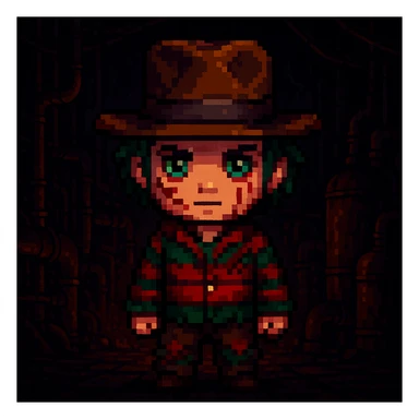 Add a spooky, nightmarish background with a boiler room and dark shadows behind Freddy Krueger, keep pixel art style sticker