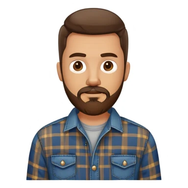 white man with dark brown beard and goatee  standing, wearing jeans and a plaid shirt sticker