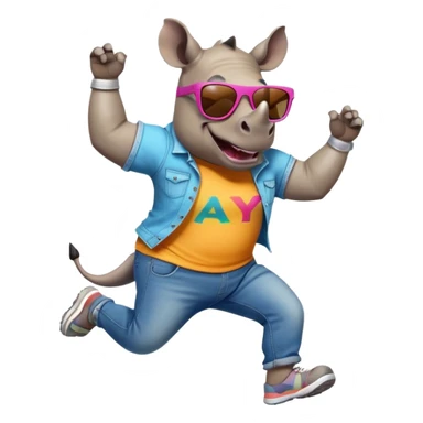 friendly anthropomorphised rhino in jeans and colourful t-shirt, wearing dark sunglasses, jogging upright, jumping with excitement, dynamic pose sticker