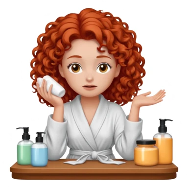 Cartoon emoji of a girl with voluminous curly red hair, fair skin, warm brown eyes. Wearing a chic milky silk robe with long sleeves, no makeup. Sitting at a vanity full of skincare products, holding her head with both hands, unsure which to choose. Smooth, simple, stylized." sticker