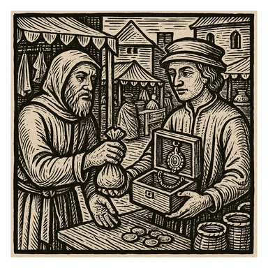 Сгенерируй мне гравюру, как в средневековье один мужчина дает другому мешочек, а другой украшение коробку деревянную, они торгуют, все это происходит на рынке sticker