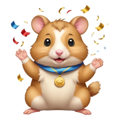 Cute cartoon-style hamster throwing confetti, holding a tiny medal, joyful expression. Painterly shading, white background, sticker-style illustration sticker