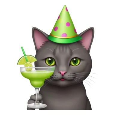 An old, dark grey cat is wearing a party hat, and drinking a margarita. sticker