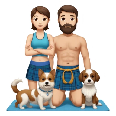 emoji of brunette man with beard wearing kilt, brunette woman in yoga outfit and one white fluffy dog sticker