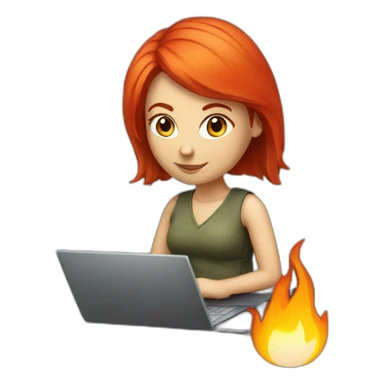 developer red hair woman with a laptop and a fire sticker