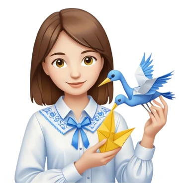 Happy Ukrainian young girl with brown hair in a white embroidered shirt holds an origami yellow and blue crane sticker