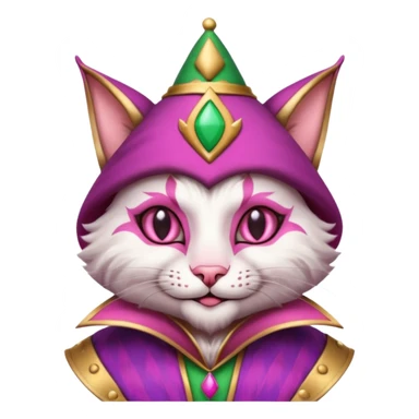court jester cat medieval, single poker card joker clearly visible, pink, face only sticker