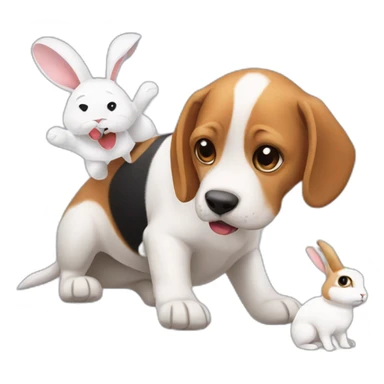 Adult beagle playing with a White rabbit sticker