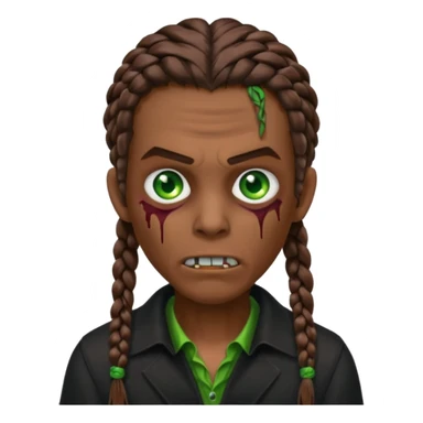 Glued braids men zombie with brown hair color and green eye color, with dark vampire clothes, brown skin sticker