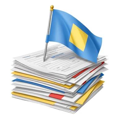 stack of official documents with Ukrainian flag sticker