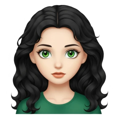 a girl with green eyes, long black wavy hair, subtle clean makeup sticker