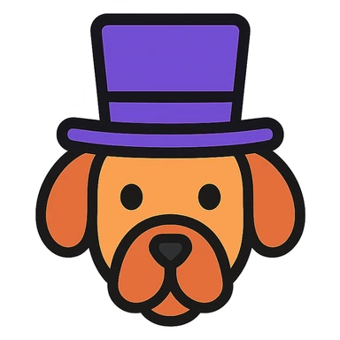 dog with a tophat, lineal color icon style, soft color fills and black outlines sticker