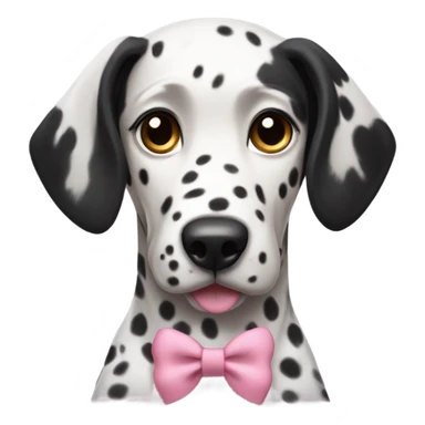 a female Dalmatian with brown eyes and all black ears wearing a pink bow sticker