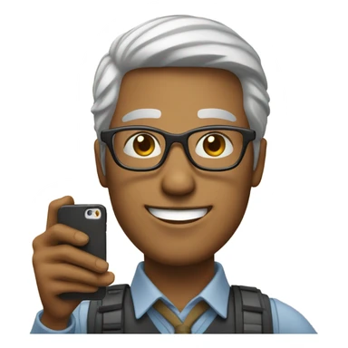 a man with square glasses holding a phone taking selfie and smile sticker