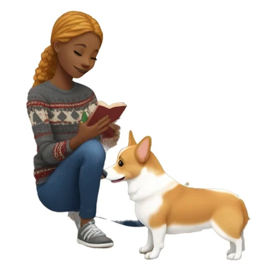 Ginger-blonde haired African American teen body playing with corgi in front of Christmas tree sticker