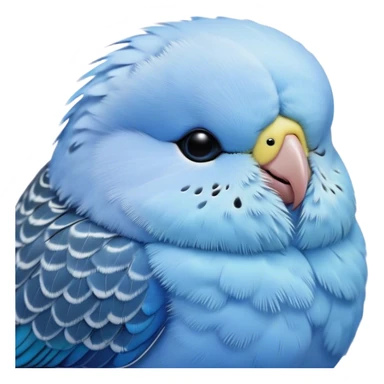 Meme-Worthy Cute Sleeping Blue Budgie Portrait Emoji, Head resting peacefully with a contented smile, showcasing a petite, delicate build and a luxuriously soft blue feathered fur, eyes shut in a serene nap, Simplified yet hilariously adorable features, highly detailed, glowing with a soft, drowsy light, high shine, relaxed and utterly lovable, stylized with an air of playful laziness, bright and heartwarming, soft glowing outline, capturing the essence of a comically sleepy budgie, so meme-worthy it feels like it could instantly become the next viral sensation of adorable slumber! sticker