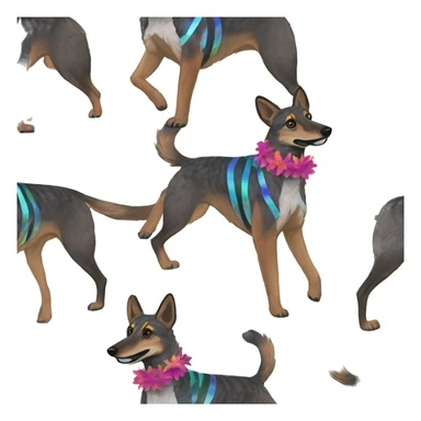  brindle brown black maroon striped lurcher Alsatian fox running blue eyes and iridescent holographic oilslick harness wearing paper iridescent tropical flower crown yellow caution tape sticker