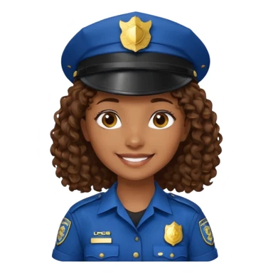 a cartoon-style avatar of a girl police officer with curly brown hair, wearing a black cap sticker