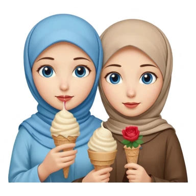 Turkish beautiful finish Konya two girls blue eyes with beige hijab islamic dress and had on her hand Rose ice cream sticker