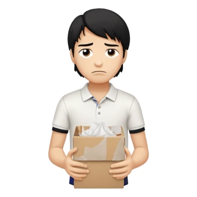 generate a pretty bratz boy with long black hair, wearing a white polo shirt. Looking sad, holding a box of tissues sticker