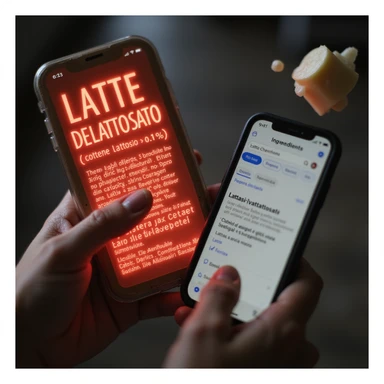 macro hyper-realistic shot of an ingredient list with 'LATTE DELATTOSATO (contiene lattosio <0.1%)' glowing red, a man's finger pointing at it, phone screen displaying a Google search for 'Lattasi sintetica effetti collaterali', and a floating lactose molecule sticker