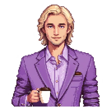 Confident male entrepreneur, Caucasian features, blonde hair, defined eyebrows, slight smile, wearing violet blazer over light violet shirt, holding a coffee cup in right hand, waist-up, front-facing sticker
