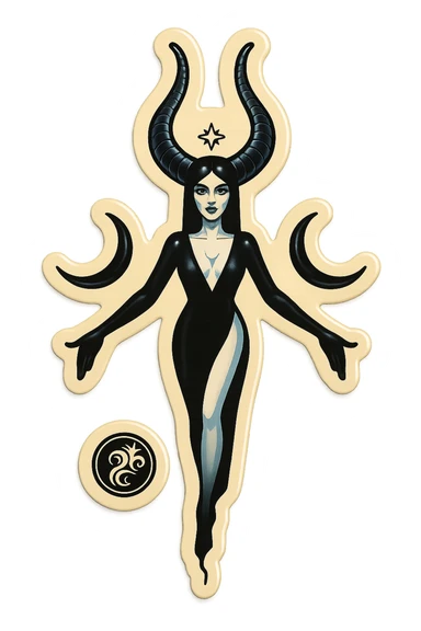 Stylized Lilith: female figure with long horns, moon symbols on the sides, minimalist and mystical look, black and white palette, retro sticker style, transparent background. sticker
