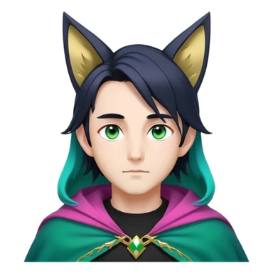 anime man with long-straight-dark-black-gradient hair with green accents, long black fox ears with pink Scapha, hazel-gradient-brown-turquoise eyes, gold earring, dark-blue-sweater, green cape,  sticker