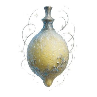 prabangus eliksyro buteliukas, šaldytos citrinos forma, šviesiai geltona, šerkšnas ir žėrintys efektai, sidabrinės ir holografinės detalės, daug magiškų efektų, labai mažas kaklelis, vientisas dugnas, buteliukas plūduriuoja ore, be pagrindo ar šešėlio, modernus, kolekcijai tinkamas, skaidrus fonas sticker