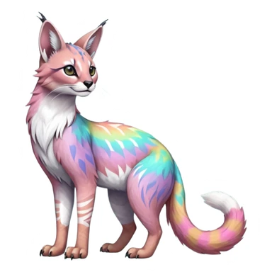Colorful tropical tribal pale light fruity pastel white glorious iridescent divine exotic cute albino neon vibrant zigzagged cool beautiful fantasy-caracal-civet-genet-sergal-vernid-Gryphon-Cacomistle-Trico-oncilla-animal-Fakémon-hybrid-fursona (full body), facial markings,  sticker