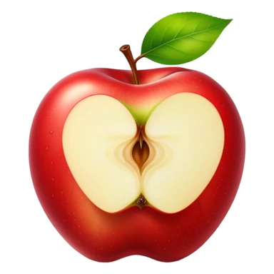 The image shows a bright red, glossy, and plump apple that looks fresh and delicious. A large bite has been taken out of the right side, revealing the juicy, pale yellow flesh inside. At the top of the apple, the stem is still attached along with a fresh green leaf, adding a natural and lively touch. The pure white background makes the vibrant red color and the round shape of the apple stand out even more. sticker
