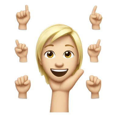 Create a cute, cartoon-style emoji with a neutral, joyful expression. should have blonde hair and light brown eyes, resembling Melina, with a hand raised making the 'rock and roll' gesture index and pinky fingers up, others folded. sticker