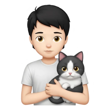 generate a pretty bratz emoji of a boy with black hair wearing a white tshirt and holding a cat sticker