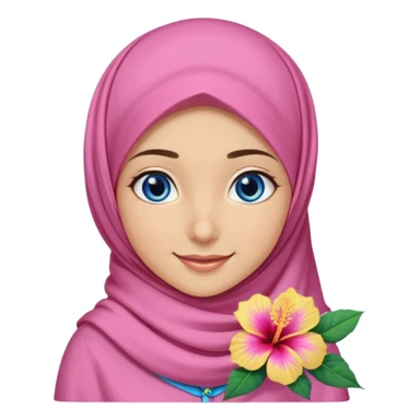 Turkish beautiful finish Konya girl blue eyes with pink yellow summer hijab islamic dress and had on her side part hijab hibiscus flower and she’s happy sticker