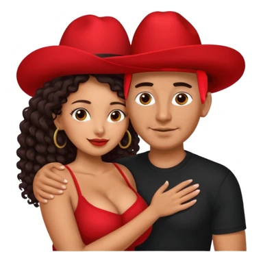A picture of an embracing tanned couple. the man is a Mexican man with tanned skin, with a bald hair cut wearing a red hat and wearing a black shirt. the woman is mixed, with glasses,  with long curly dark brown hair and with big boobs. Remove the glasses from the guy sticker