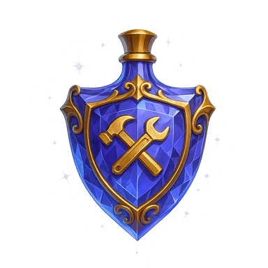 luxurious crystal elixir bottle in shield shape, color #7986cb, with 🛠 symbol on the bottle, lots of shining, edges, ornaments, golden details, magical effects, very small golden neck, transparent background, beautiful, seamlessly merging bottom, bottle clearly floating in air, no base or shadow, modern, fits a collection sticker