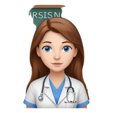 inside a classroom at university that says nursing school on the board with a pretty female nursing student with long brown hair, blue eyes sticker