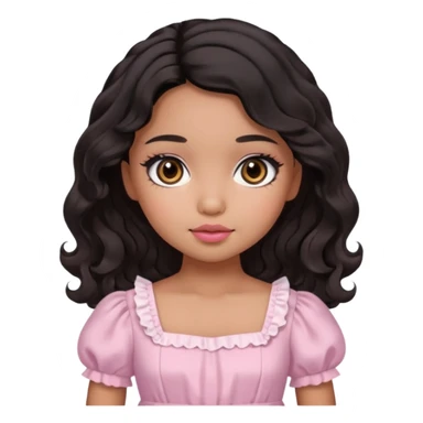 Tan skin girl, brown Asian eyes, black soft wevy hair, doll  beabadoobe makeup, baby pink Victoria dress  sticker