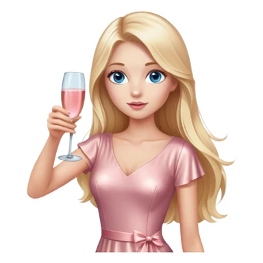 Pretty Blonde with long hair model, blue eyes, wearing a rose gold dress with short sleeves, raising a glass of pink champagne sticker