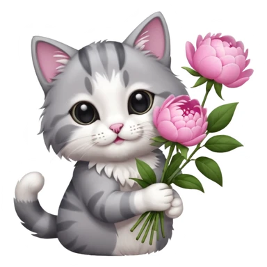 Cute cat Handing pink peonies like reaching a hand and handing them out a bouquet of them not a physical hand the cats hand  make the cat fluffy and grey and white fluffier sticker