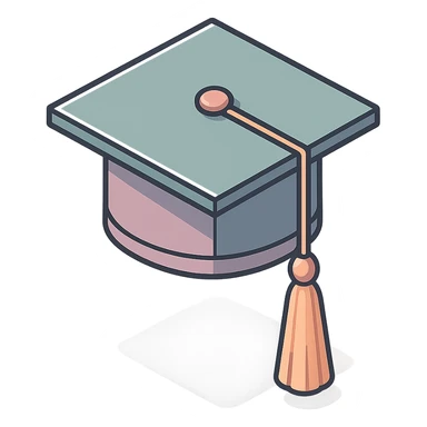 academic graduation cap with long tassel, 2D isometric style, sharper angles, high detail, pronounced shadows and highlights, clean lines, minimalist eastern accent, pastel palette #98B5BC, #B5B3C1, #C9A3C9, #E4C0CA, #F7DCD1, #F7C0AA, transparent background sticker