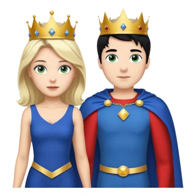 Prince with crown, blue cape and trousers, body and legs, black hair, blue eyes, woman blonde hair, green eyes, sexy white short sleveless dress,  sticker
