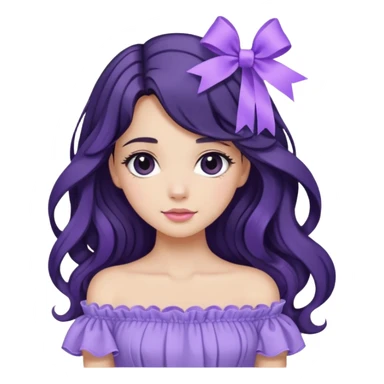 Girl with black wavy long hair and a ribbon hair clip beside it make it look like wearing a lavender off shoulder  sticker