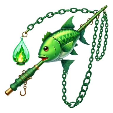 green magical glowing fishing rod with chains and poison ivy vines on it, with a green flame on the tip. It is fishing a green fish sticker