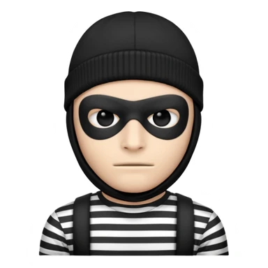 A robber emoji that shows the head and to the collar bone he is 2d and is staring straight at the screen and his body is also towards the screen t-shirt with horizontal black and white stripes and a black beanie on his head and a black mask just around his eyes sticker