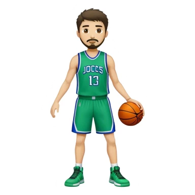 Full Body white male basketball player with short dark shaggy hair and goatee wearing blue and green uniform sticker