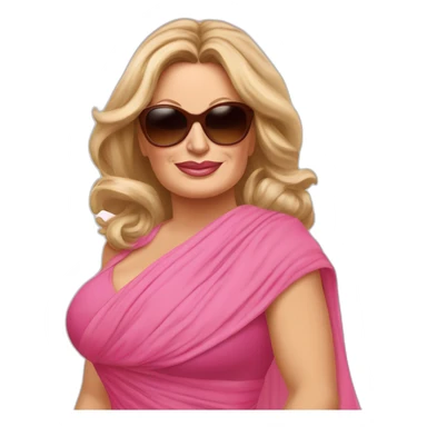 Jennifer Coolidge from tv show White Lotus. She is wearing large brown round vintage sunglasses. She has a pink chiffon scarf wrapped around her head and pink dress sticker