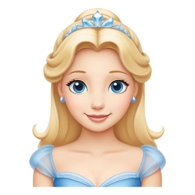 Cinematic Radiant Cinderella Portrait Emoji, rendered in a clean vector-style with bold proportions. Show Cinderella with a warm, serene smile, fair skin, and lustrous blonde hair, wearing a simple yet elegant dress that shimmers with gentle light. The image glows with an inviting, soft radiance and high shine, embodying timeless beauty. sticker