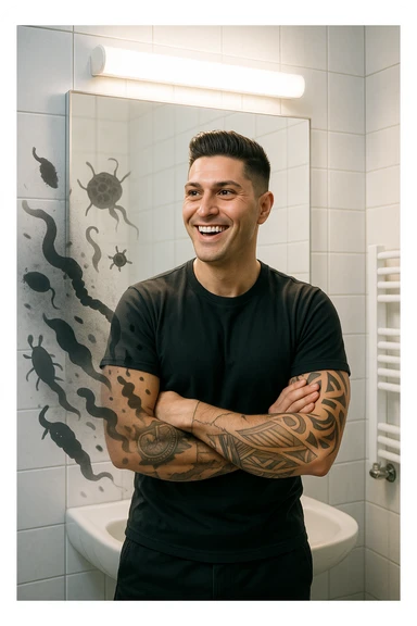 a man stands in a brightly lit bathroom, looking relieved and revitalized as he examines his reflection in the mirror. In the foreground, stylized, shadowy images of parasites (such as worms or protozoa) are shown leaving his body, dissolving into mist or fading away. His posture is upright and his expression is one of newfound energy and health. sticker